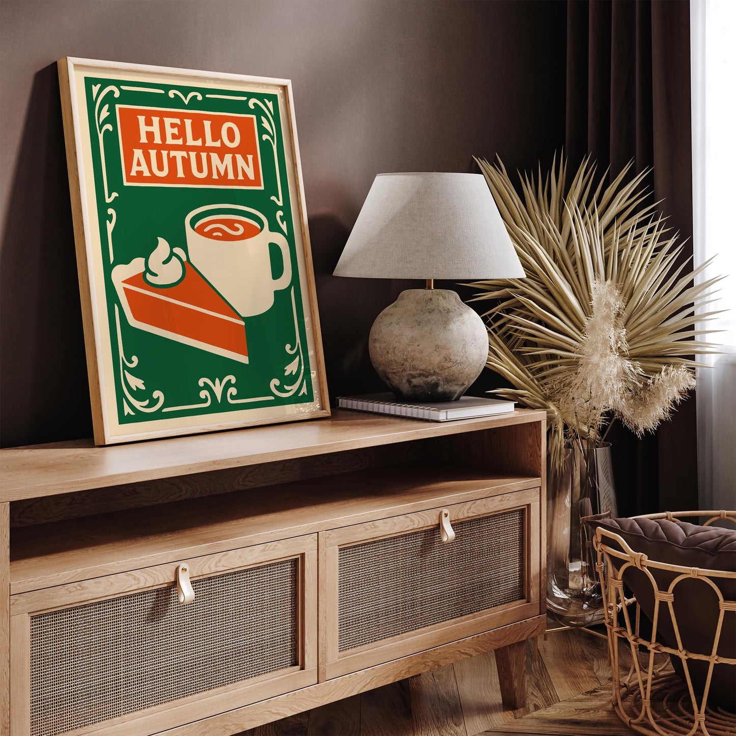 Hello Autumn Poster - Pumpkin Pie and Hot Cocoa Drink Wall Art