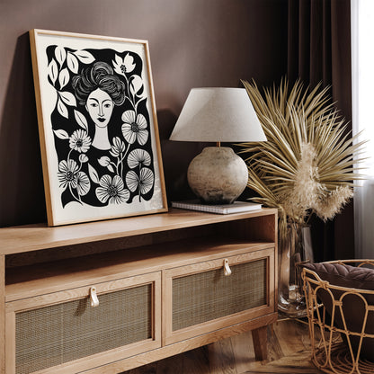 Plant Lady Portrait Black Ink Art Print
