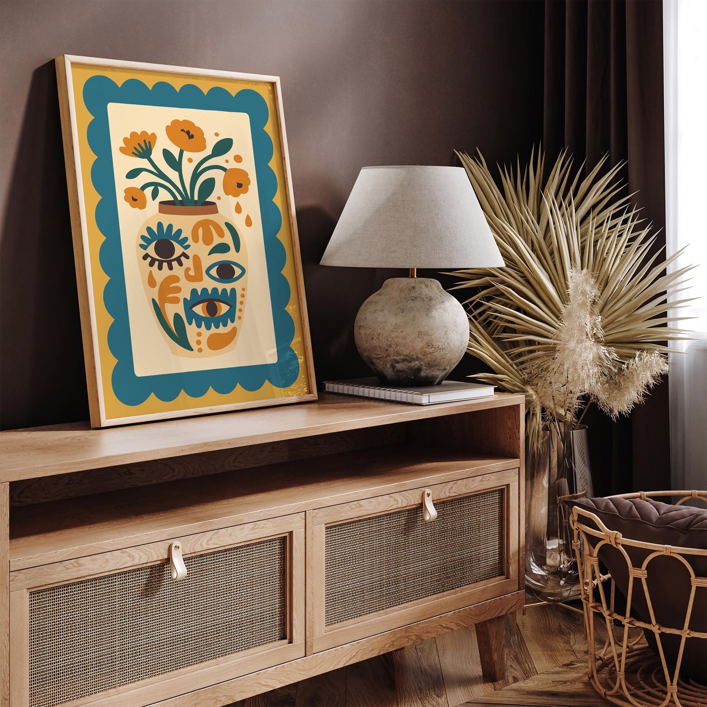 Boho Floral Vase with Eyes – Retro Wall Art