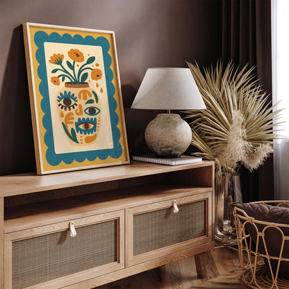 Boho Floral Vase with Eyes – Retro Wall Art