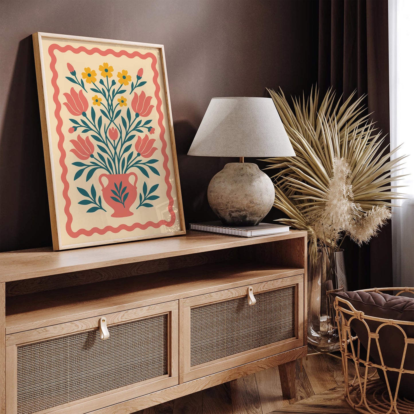 Boho Floral Vase Poster - Folk Botanical Print