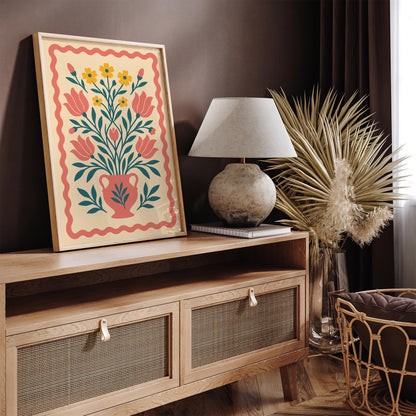 Boho Floral Vase Poster - Folk Botanical Print