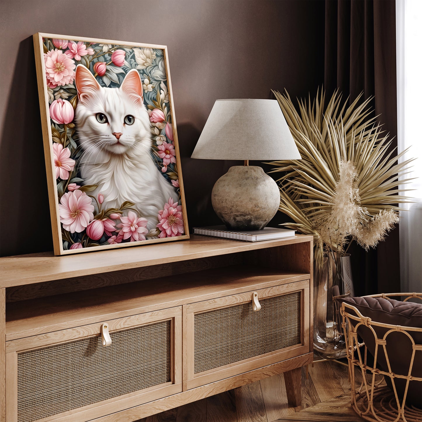 Elegant White Cat in Flowers Poster