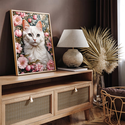 Elegant White Cat in Flowers Poster