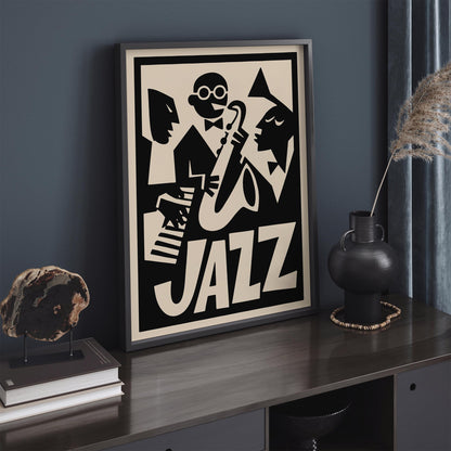 Black Retro Jazz Music Poster - Funny Cubist Music Art Print