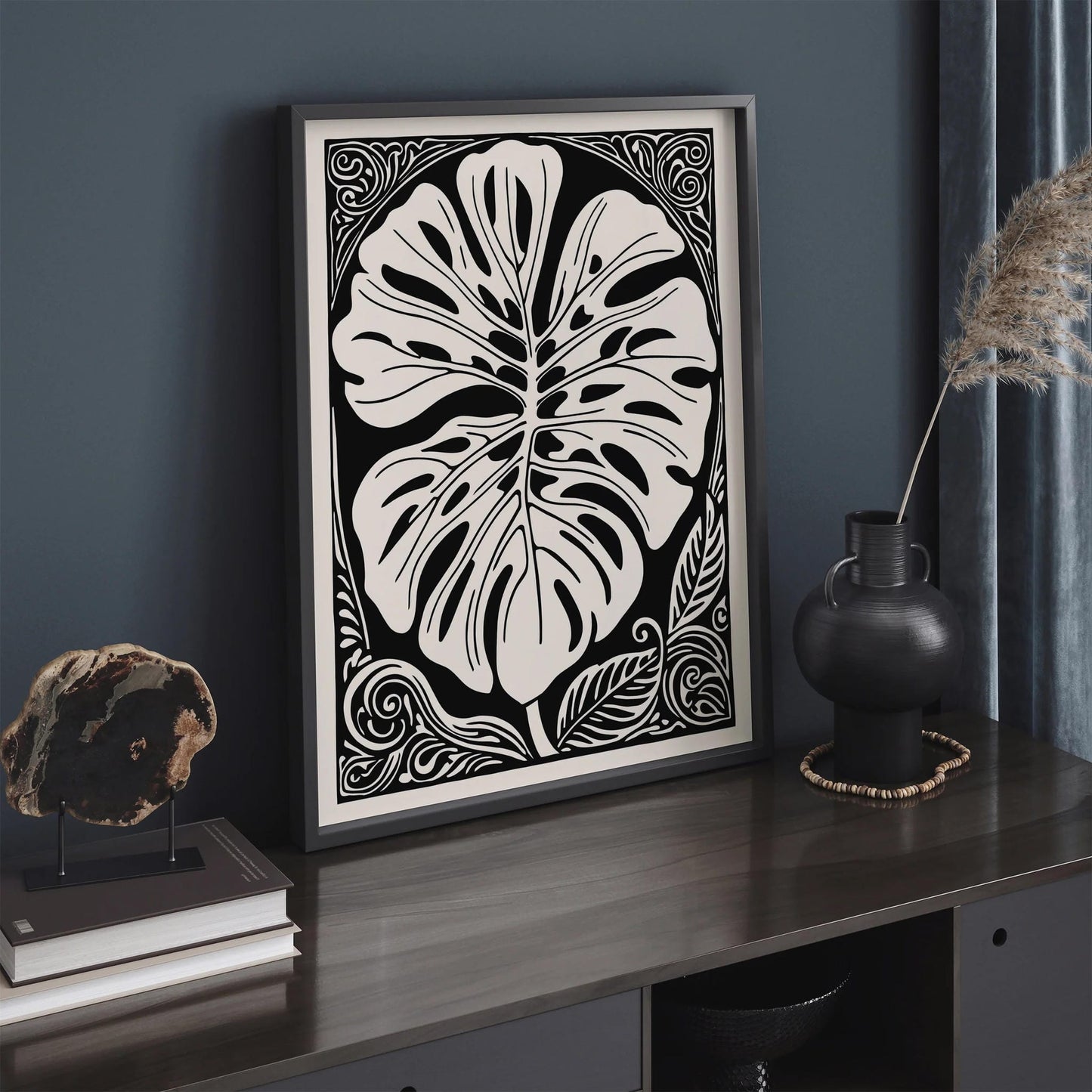 Black and White Rococo Monstera Leaf Poster