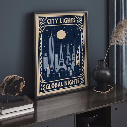 City Lights Global Nights Poster - Travel Wall Art