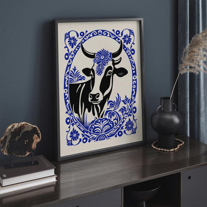Blue Rococo Elegant Cow Portrait Art Print