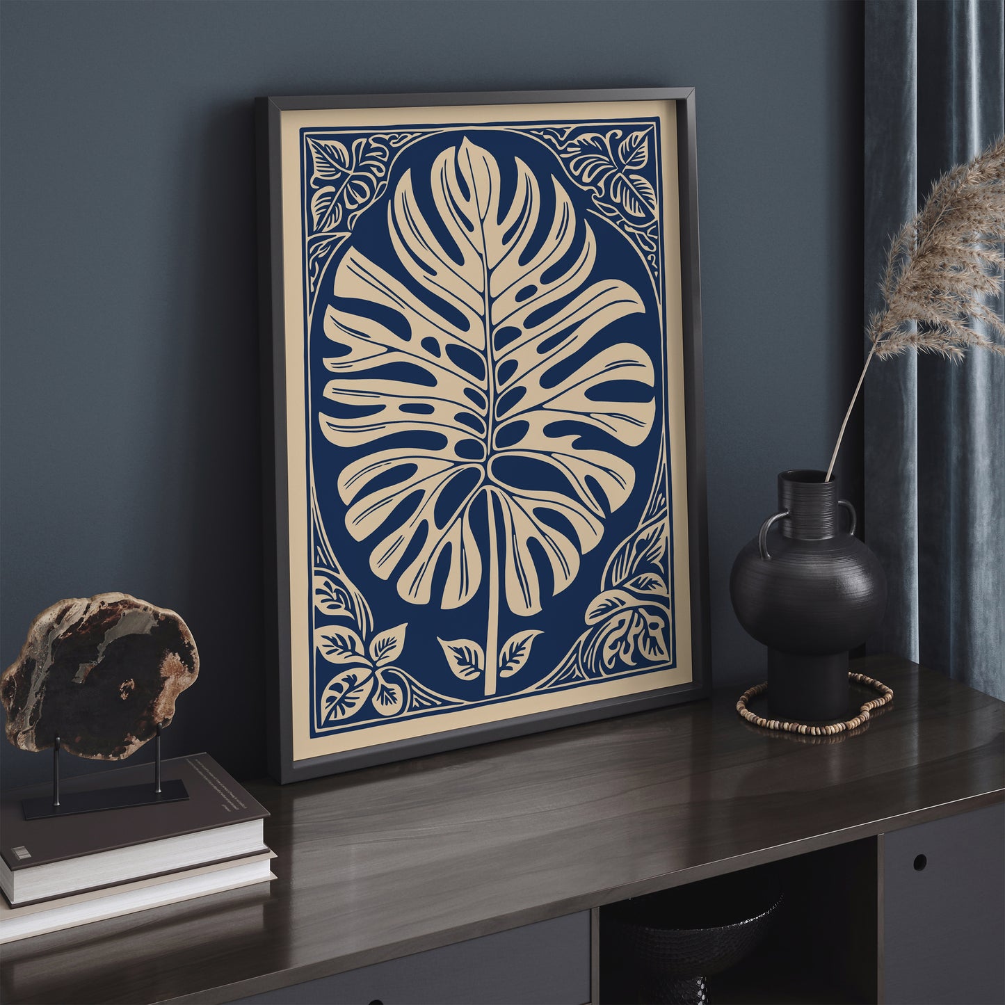 Navy Blue Monstera Leaf Poster