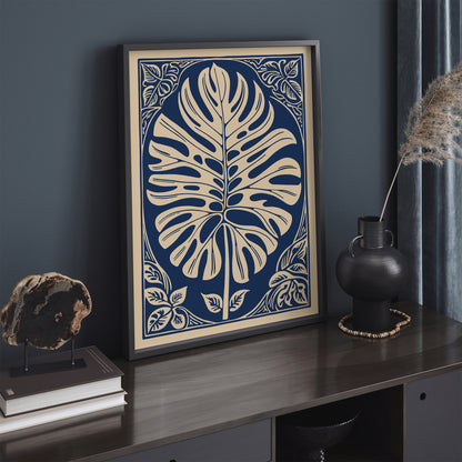 Navy Blue Monstera Leaf Poster