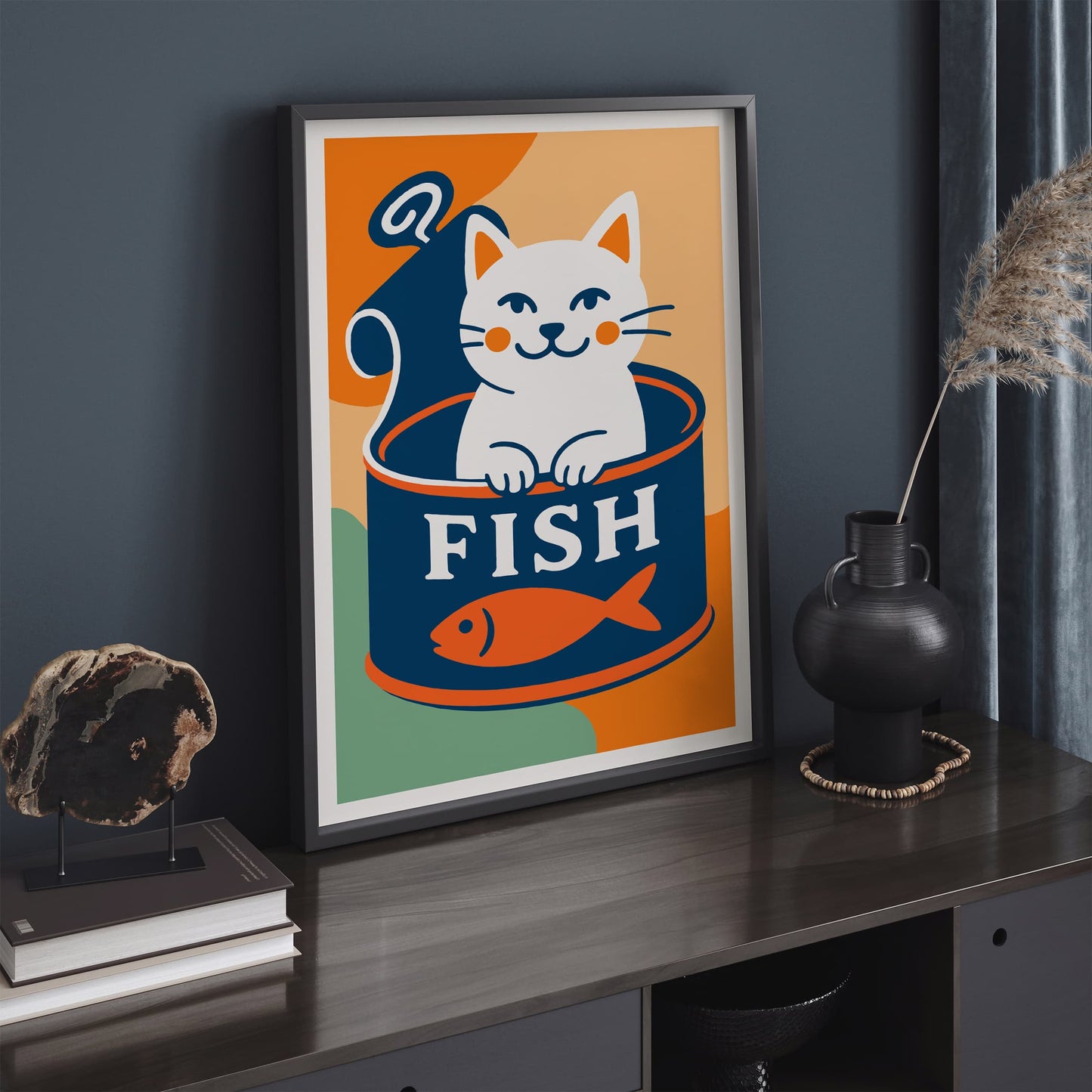 Funny White Cat and Canned Fish Poster