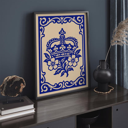 Royal Blue Rococo Floral Crown Art Poster