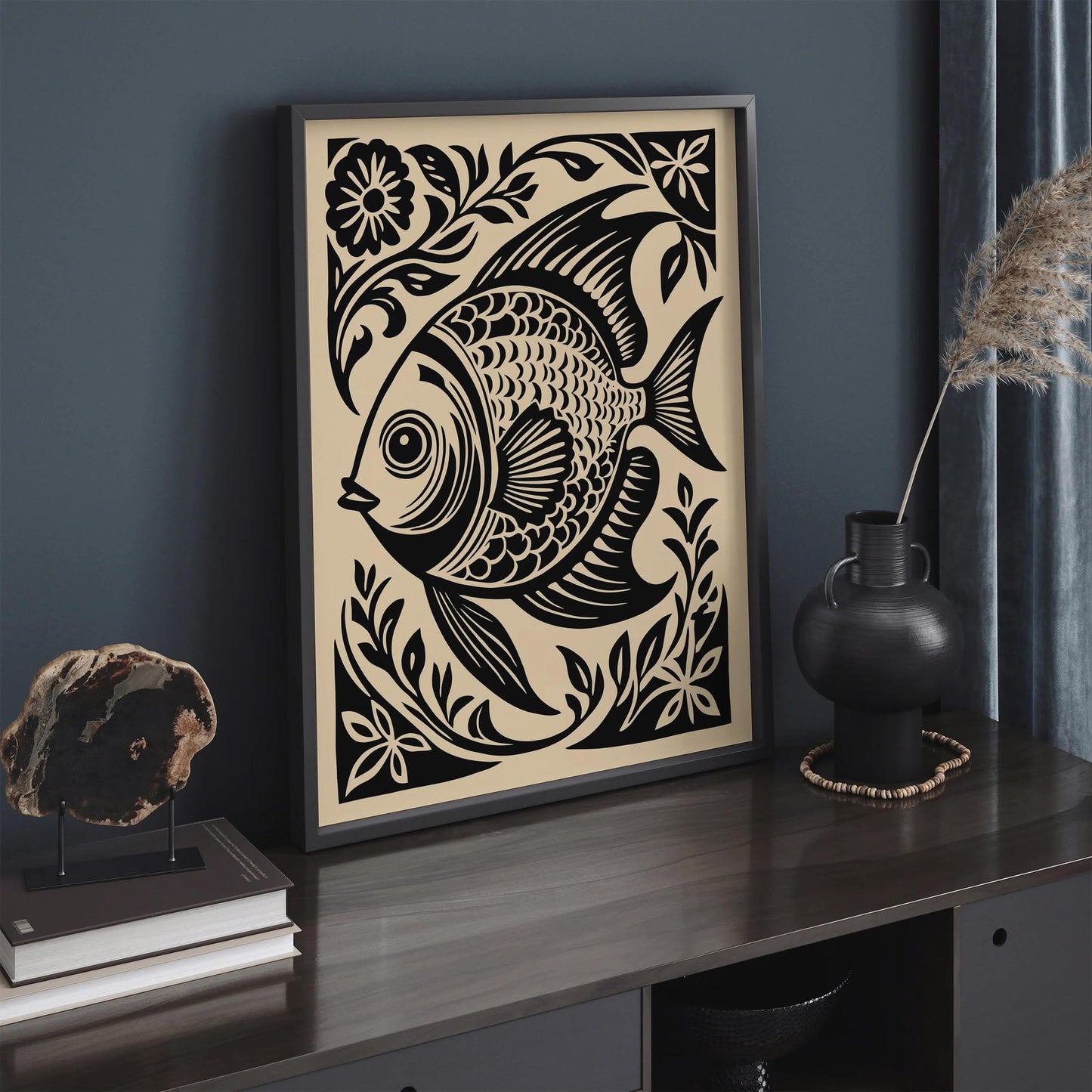 Black Woodcut Style Fish Art Print – Nautical Wall Decor