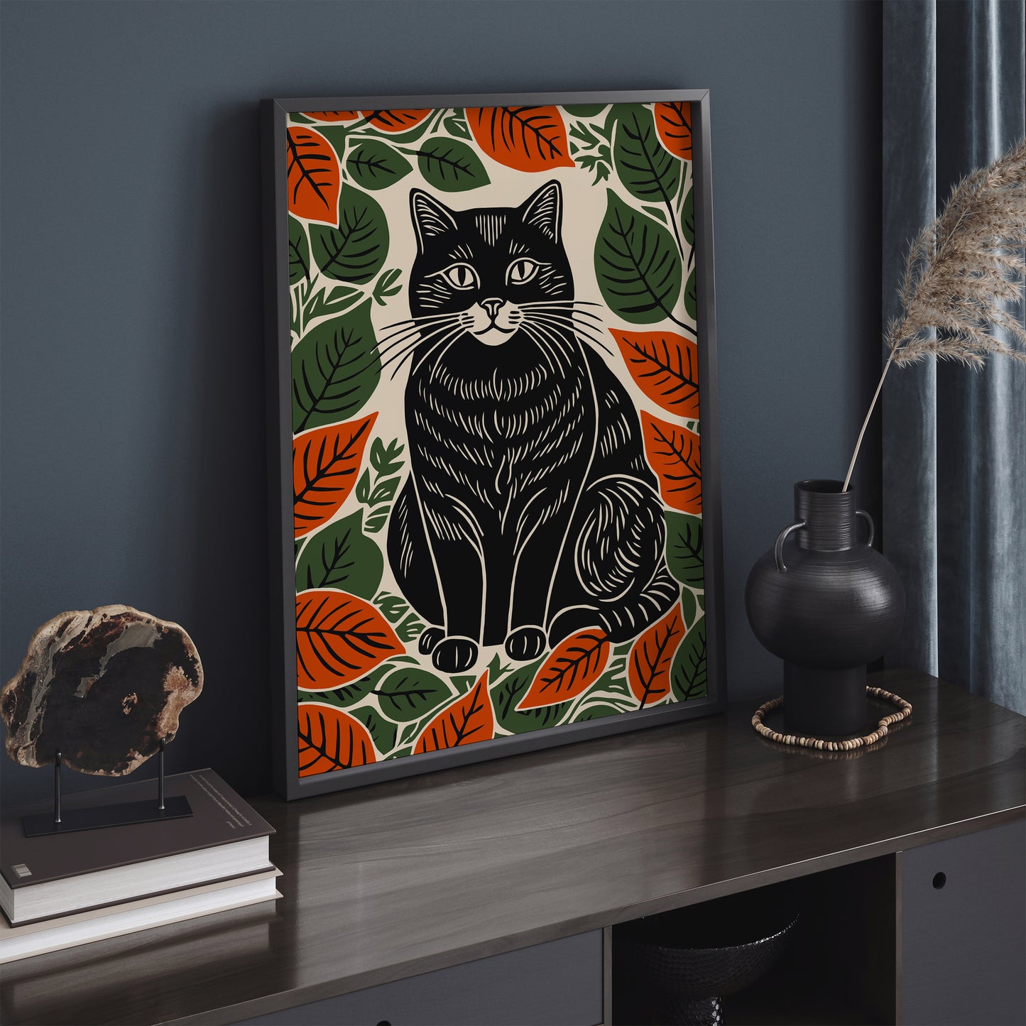 Black Cat in Fall Leaves Art Print 2025