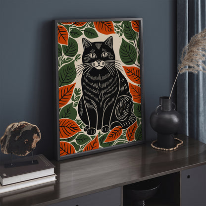 Black Cat in Fall Leaves Art Print 2025