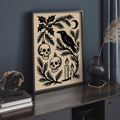 Gothic Christmas Black Ink Art Poster – Dark Holiday Wall Decor Print