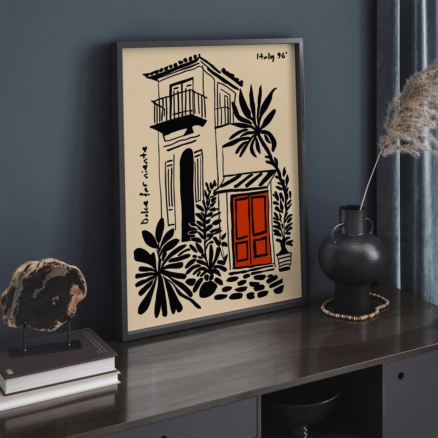 Dolce Far Niente Italy Poster, Black Ink Cityscape Print