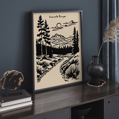 Mount Rainier Poster - Black Ink Landscape Print