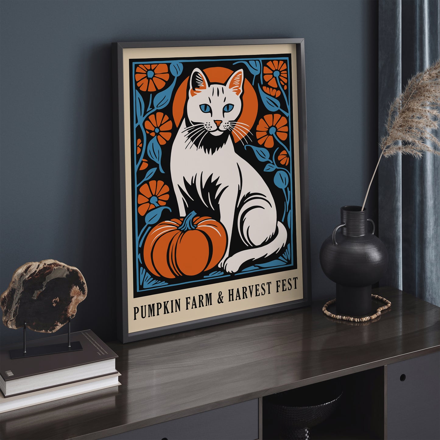White Cat and Pumpkin Harvest Festival Poster