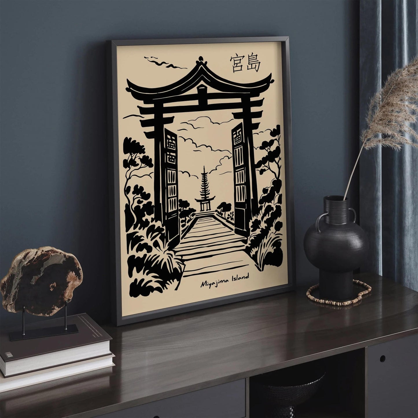 Miyajima Island Tori Gate Black Ink Poster