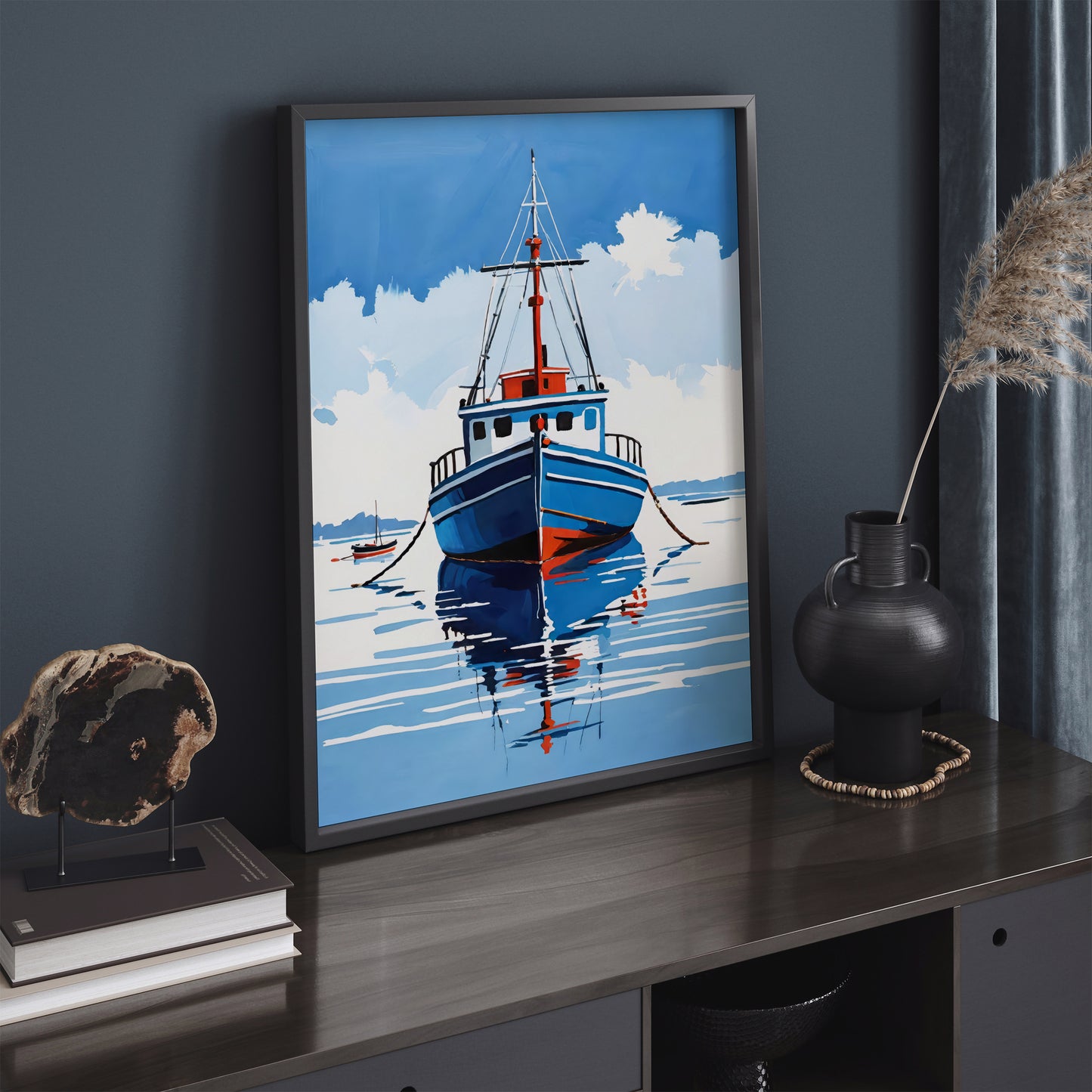 Boat On Ocean Blue Painting Print