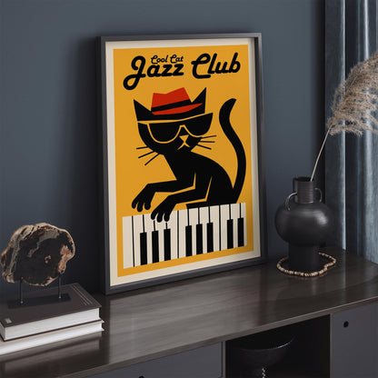 Cool Cat Jazz Club Poster - Yellow Music Wall Art Print