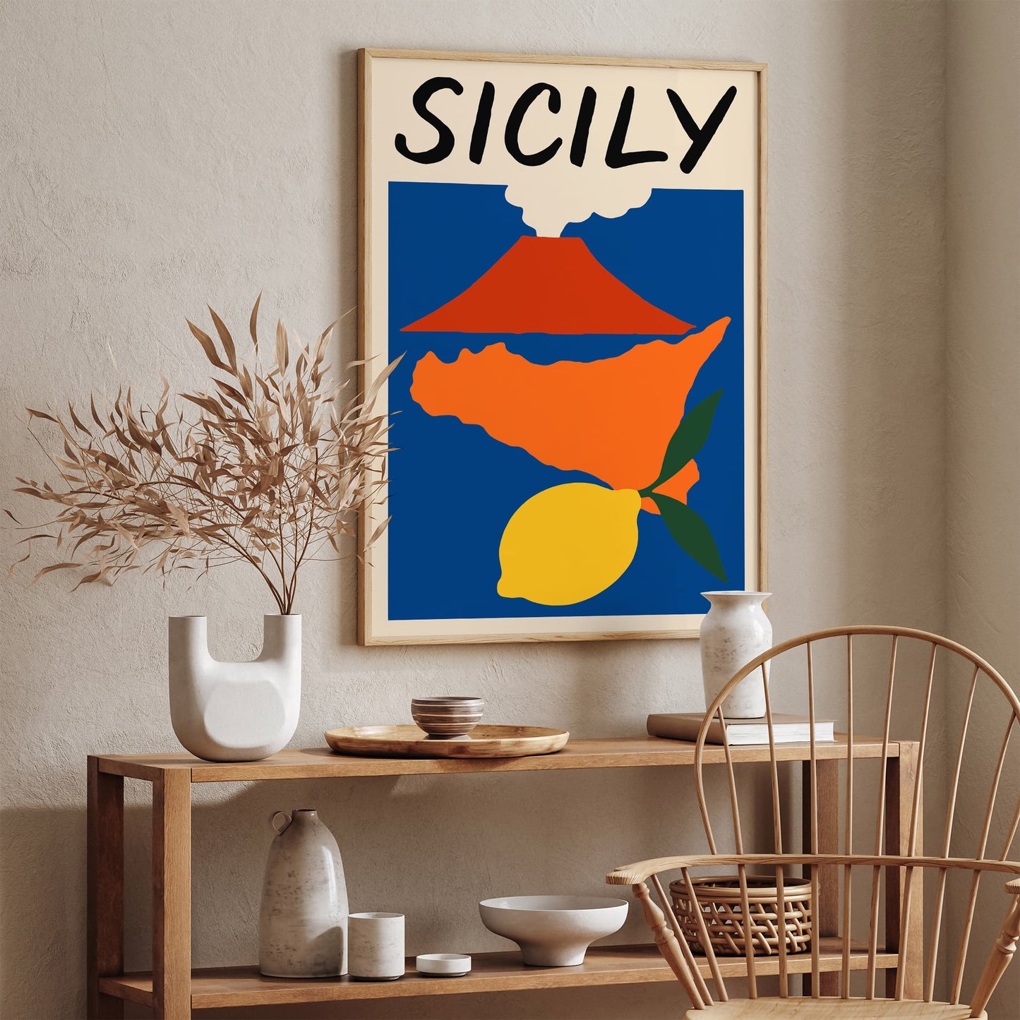 Sicily Map Poster - Colorful Italy Etna Volcano Lemon Print