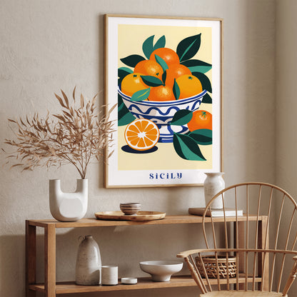Sicily Bowl of Oranges Retro Poster