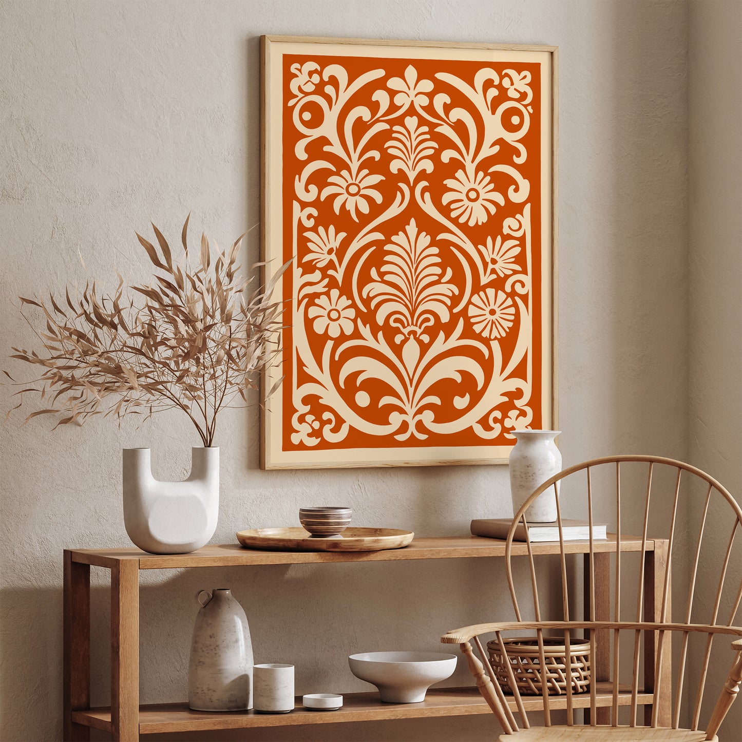 Folk Burnt Orange Floral Cut Outs Print