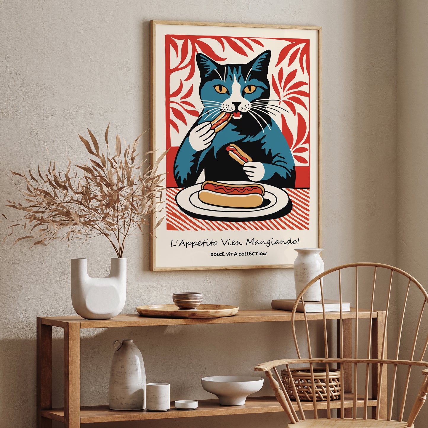 Funny Cat Eating Hot Dog Italian Art Print