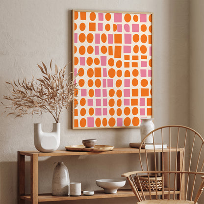 Retro Geometric Poster, Pink Orange Minimalist Design