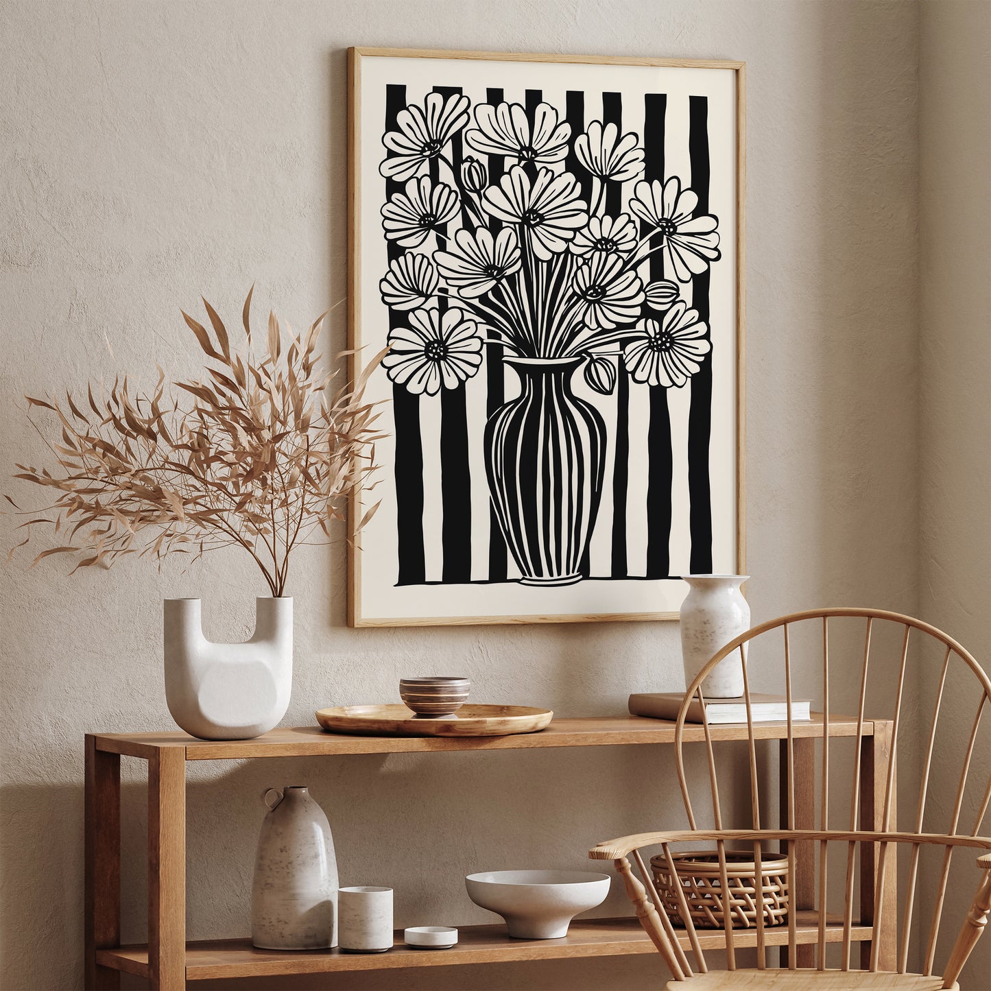 BW Striped Floral Art Print