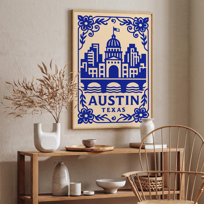 Austin Texas Poster - Blue Cityscape Travel Wall Art