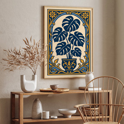 Blue Monstera Plant Art Print - Rococo Revival Style