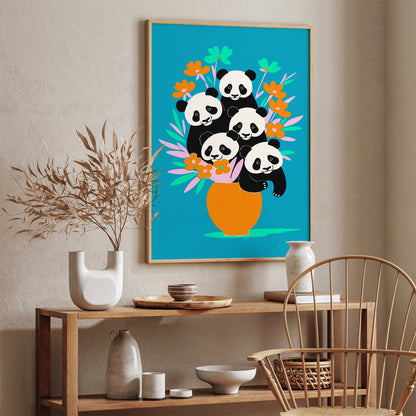 Funny Panda Flowers Kids Room Decor Print