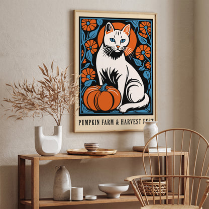 White Cat and Pumpkin Harvest Festival Poster