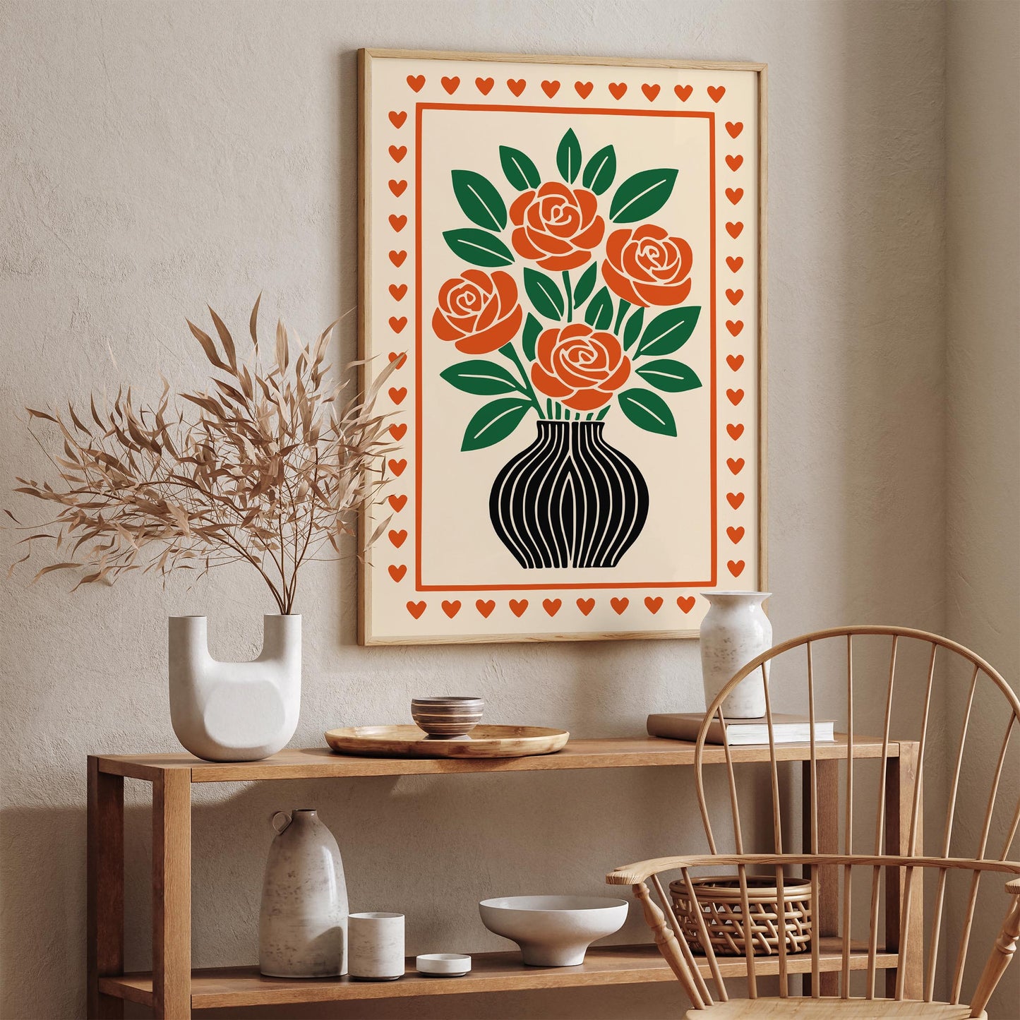 Red Roses Poster - Retro Flowers in Vase Print