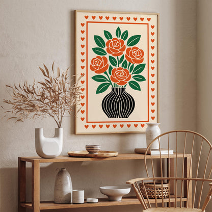 Red Roses Poster - Retro Flowers in Vase Print