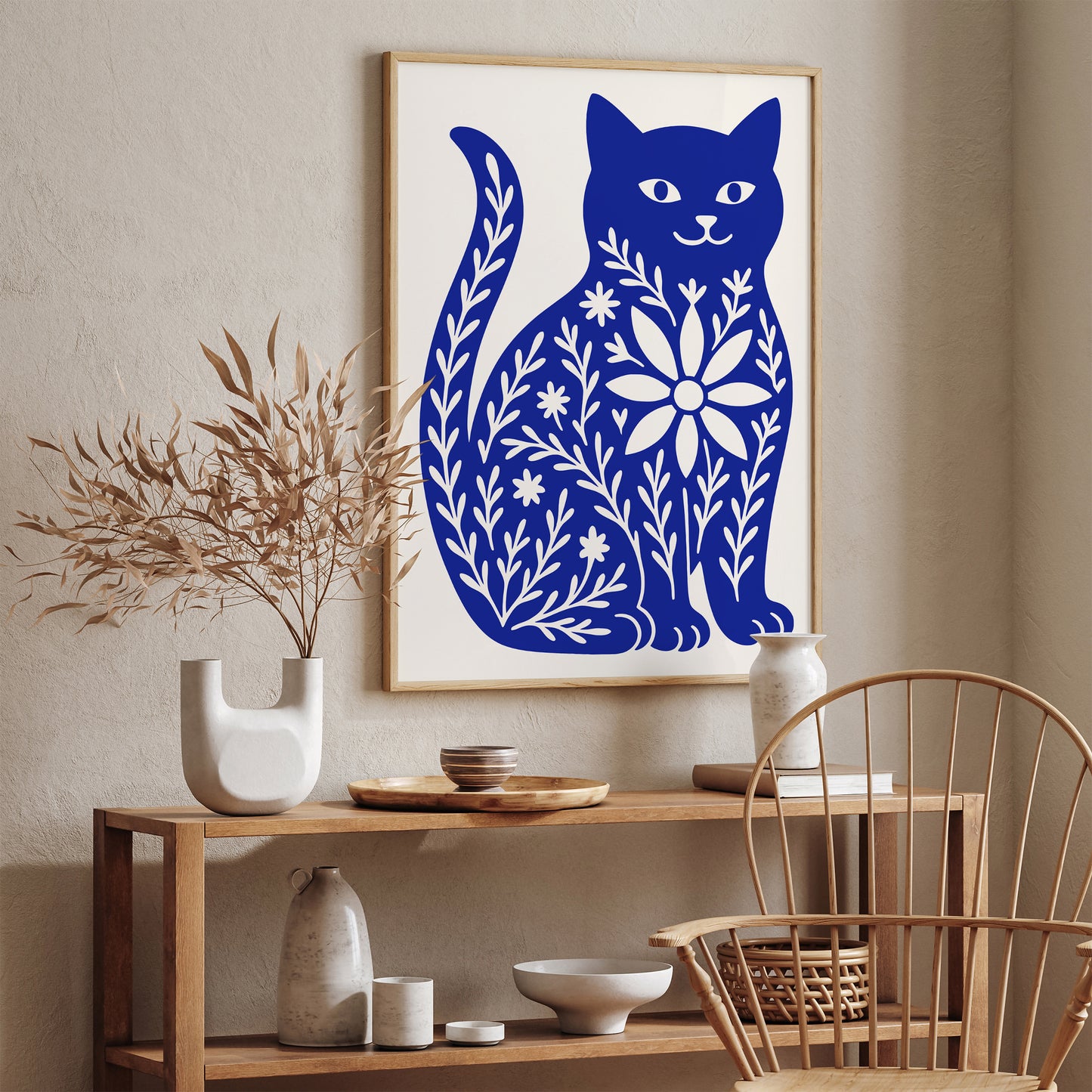 Cute Blue Cat with Floral Pattern Poster