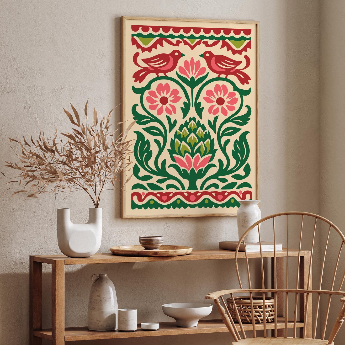 Talavera Artichoke & Birds Poster – Mexican Folk Art