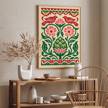 Talavera Artichoke & Birds Poster – Mexican Folk Art