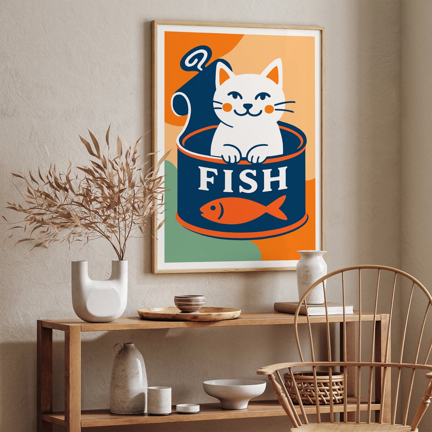 Funny White Cat and Canned Fish Poster