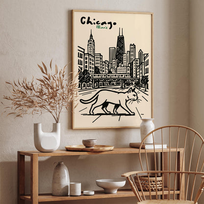 Chicago Illinois Poster - Walking Cat Wall Art Print