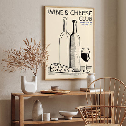 Wine & Chese Club Line Art Poster