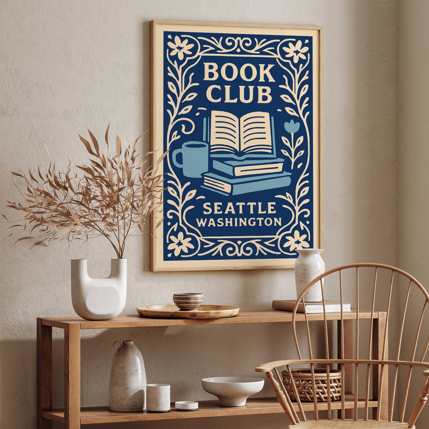 Book Club Seattle Washington Poster - Blue Literary Wall Art Print