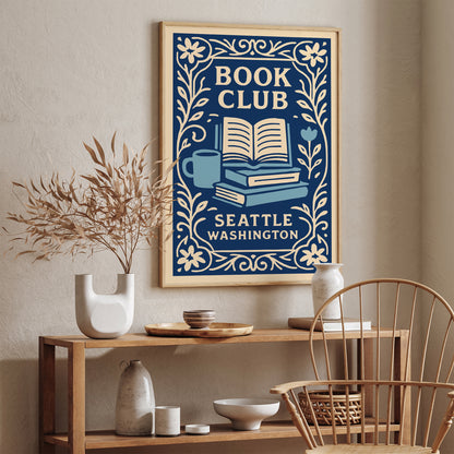 Book Club Seattle Washington Poster - Blue Literary Wall Art Print