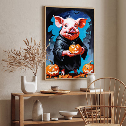 Funny Halloween Pig with Pumpkin Poster