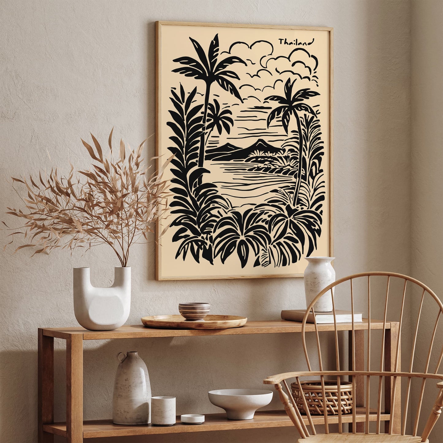 Thailand Vintage Black Ink Style Tropical Landscape Poster