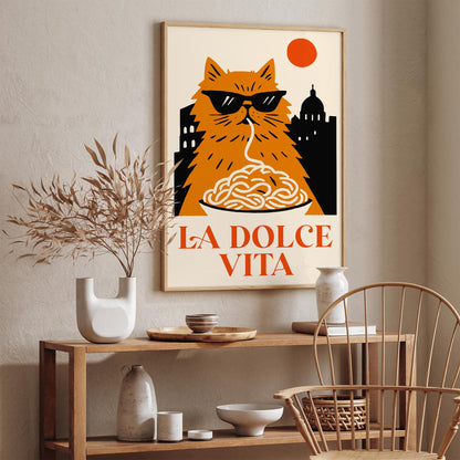 La Dolce Vita Poster - Funny Cat Eating Spaghetti Wall Art Print