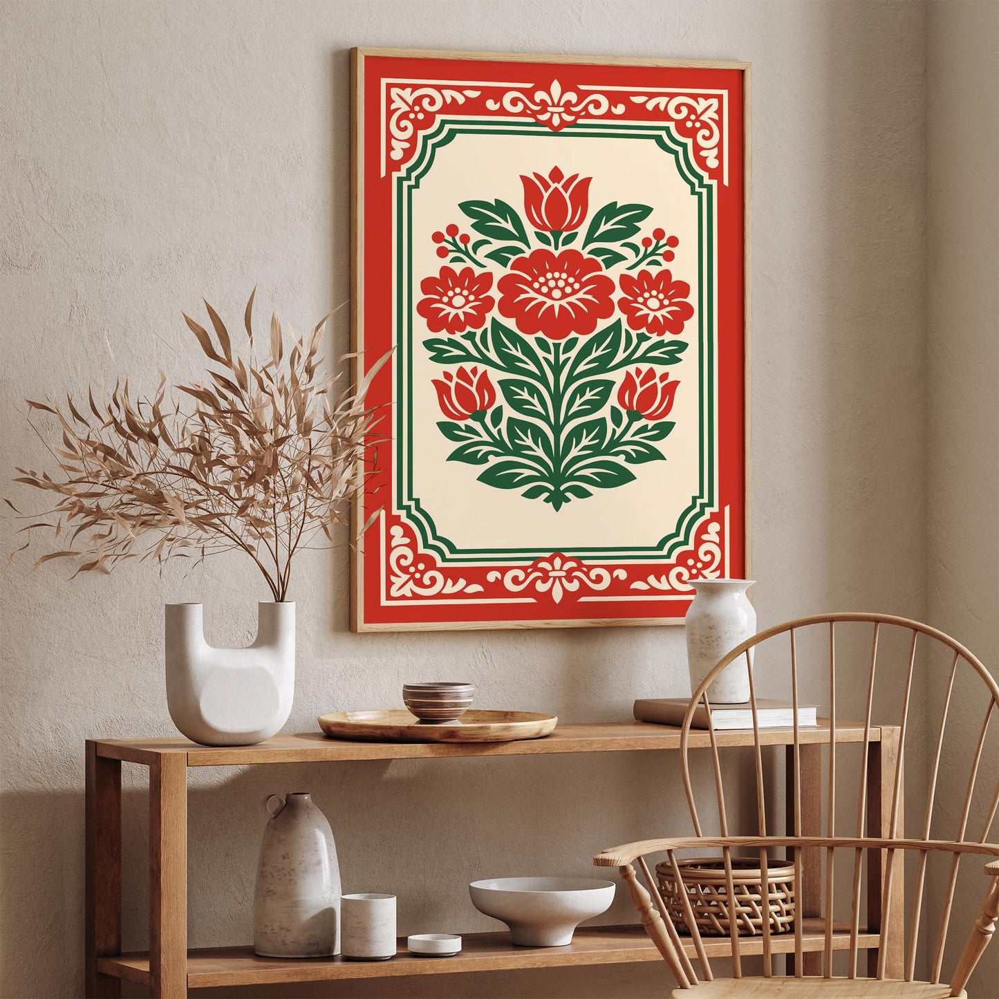 Red Rococo Floral Wall Art Print